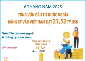 Tổng vốn đầu tư nước ngoài đăng ký vào Việt Nam đạt 21,52 tỷ USD trong 6 tháng