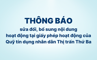 Thông báo sửa đổi, bổ sung nội dung hoạt động của Quỹ Tín dụng nhân dân thị trấn Thứ Ba
