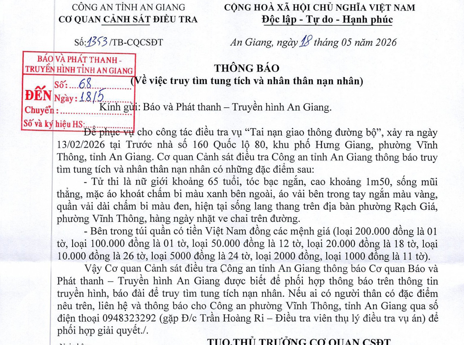 Truy tìm tung tích và nhân thân nạn nhân