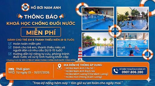 Hệ thống hồ bơi Nam Anh mở khóa học chống đuối nước miễn phí cho trẻ em