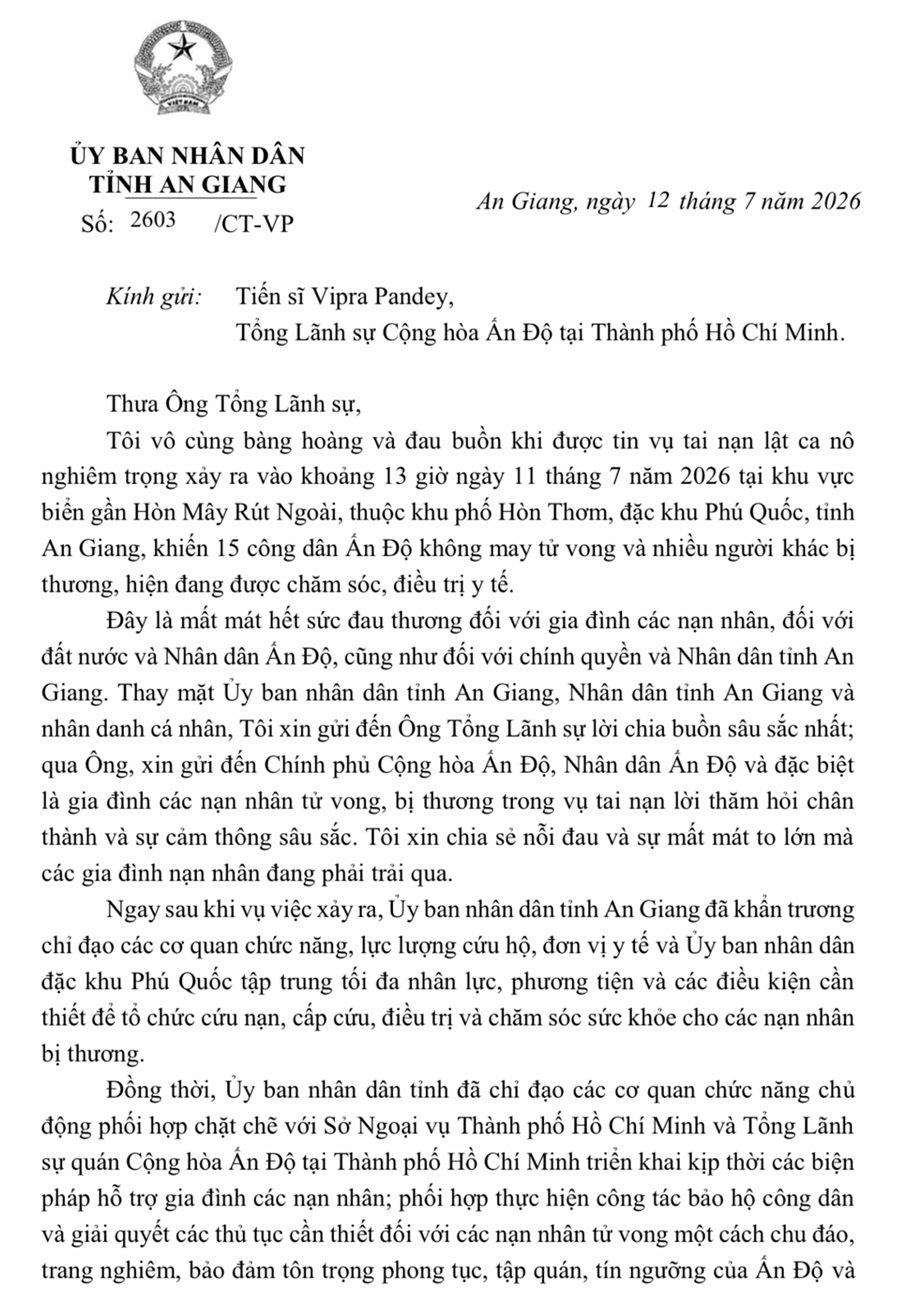 Chủ tịch UBND tỉnh An Giang gửi thư chia buồn tới Đại sứ và Tổng Lãnh sự Ấn Độ