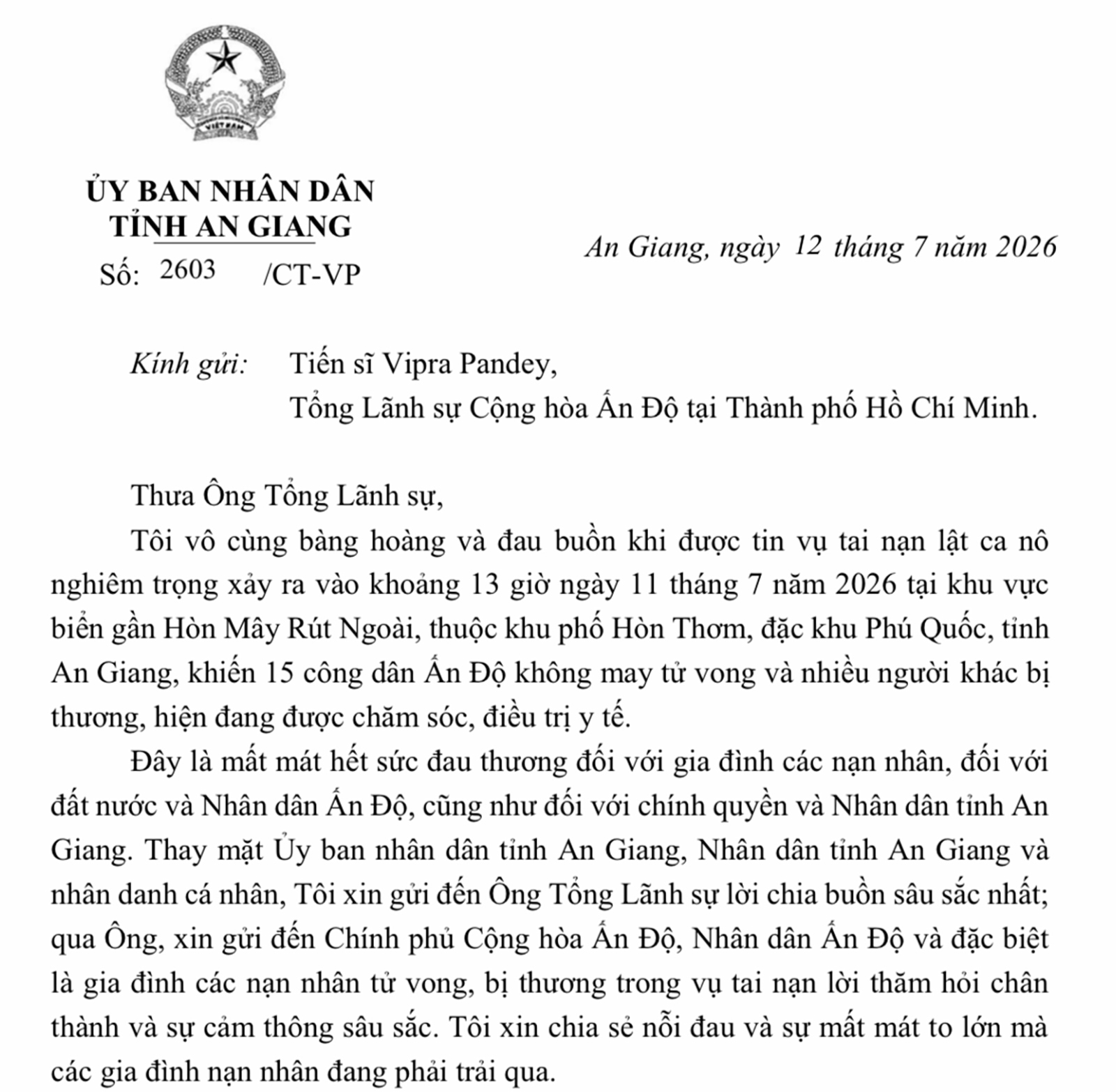 Chủ tịch UBND tỉnh An Giang gửi thư chia buồn tới Đại sứ và Tổng Lãnh sự Ấn Độ