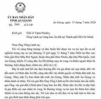 Chủ tịch UBND tỉnh An Giang gửi thư chia buồn tới Đại sứ và Tổng Lãnh sự Ấn Độ