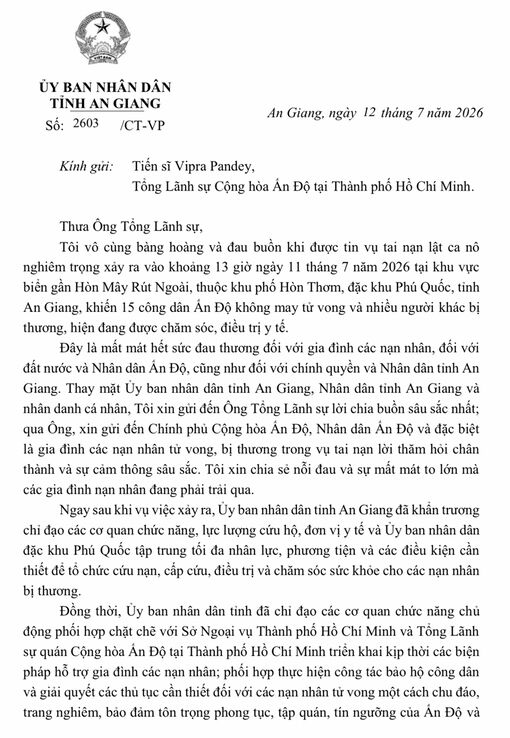 Chủ tịch UBND tỉnh An Giang gửi thư chia buồn tới Đại sứ và Tổng Lãnh sự Ấn Độ