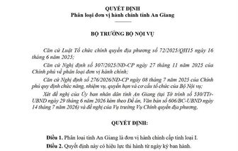 An Giang được phân loại là đơn vị hành chính cấp tỉnh loại I
