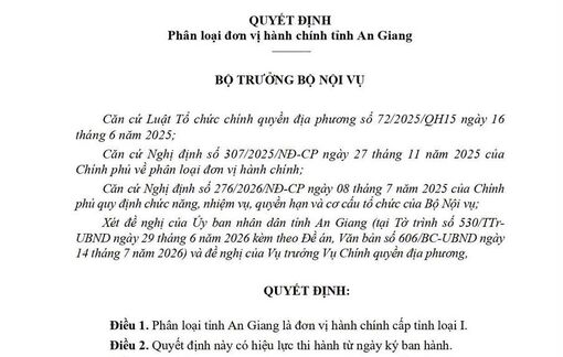 An Giang được phân loại là đơn vị hành chính cấp tỉnh loại I