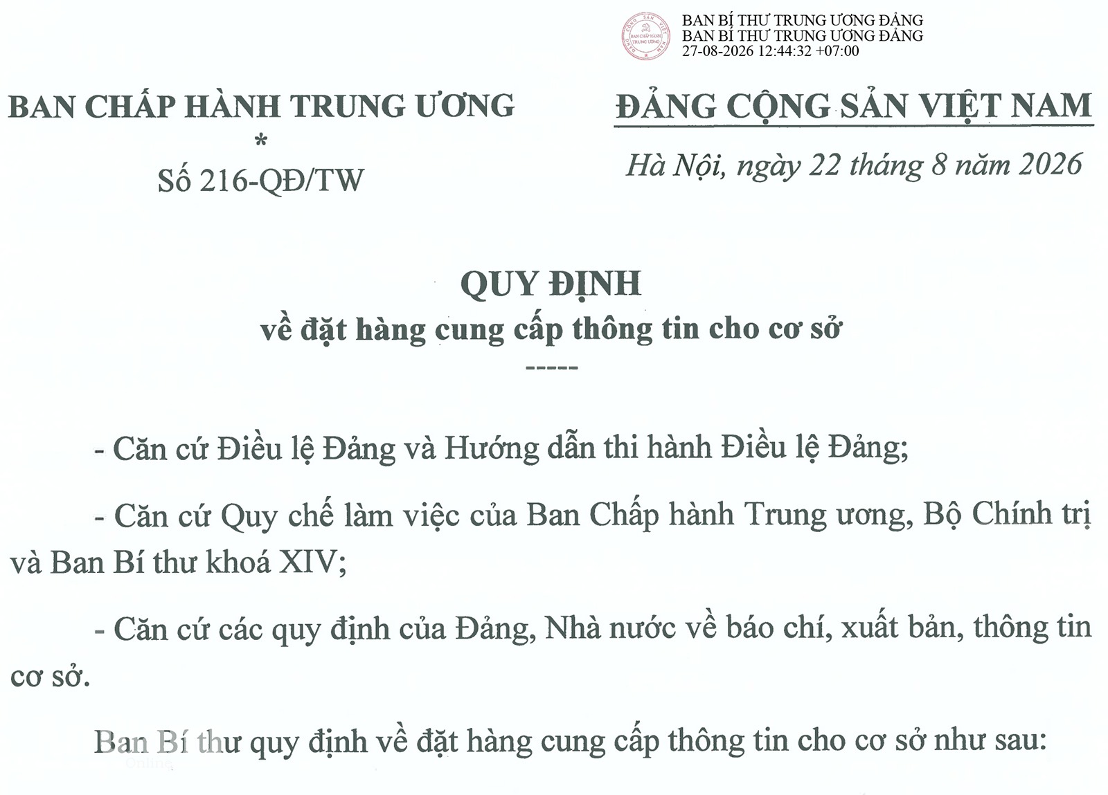 Ban Bí thư quy định việc đặt hàng cung cấp thông tin cho cơ sở