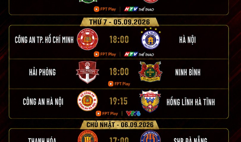 Lịch trực tiếp vòng 1 V-League 2026-2027: Công An TP. Hồ Chí Minh đấu Hà Nội