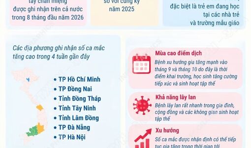 Số ca mắc tay chân miệng trong 8 tháng năm 2026 tăng 2,5 lần