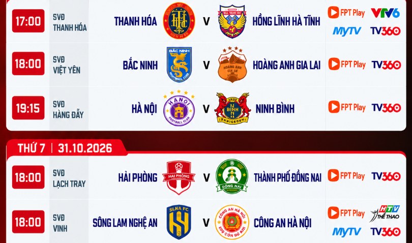 Lịch trực tiếp V-League vòng 6: Hà Nội đấu Ninh Bình